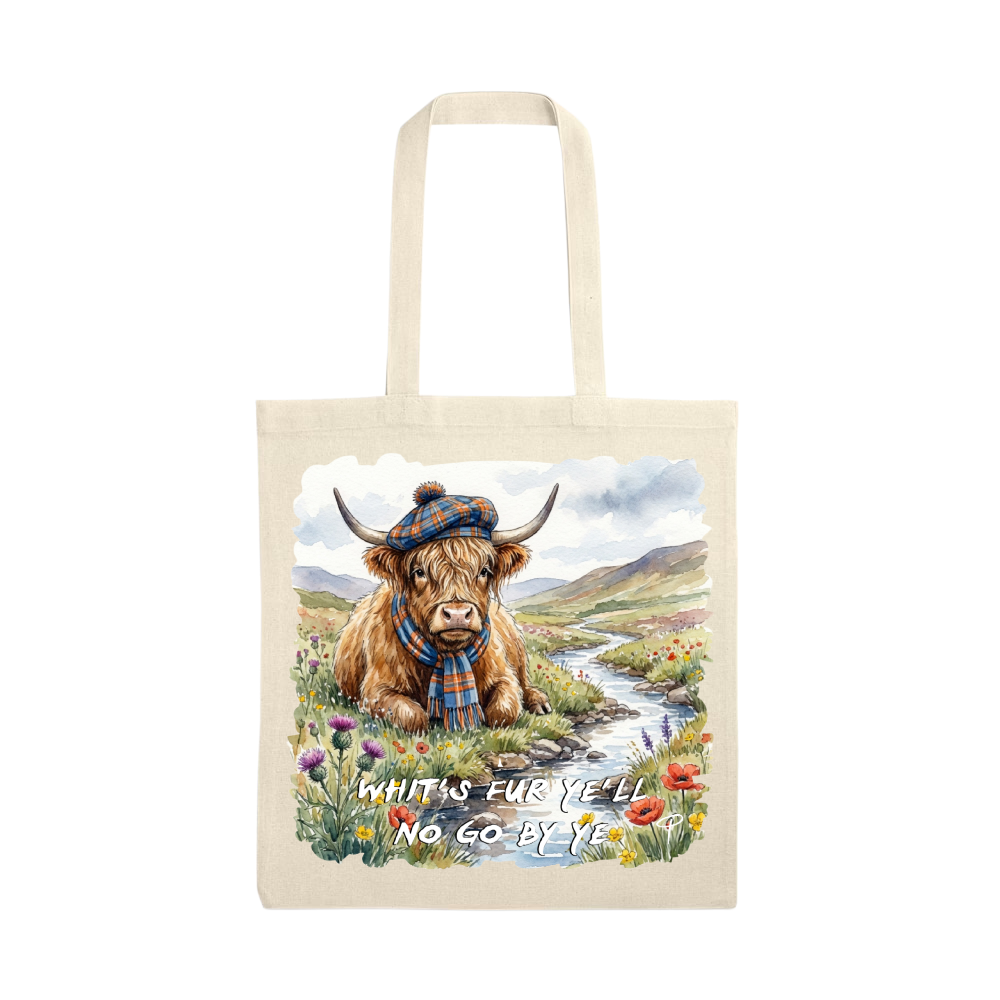 Highland cow tote bag 'whits fur ye'll no go by ye'