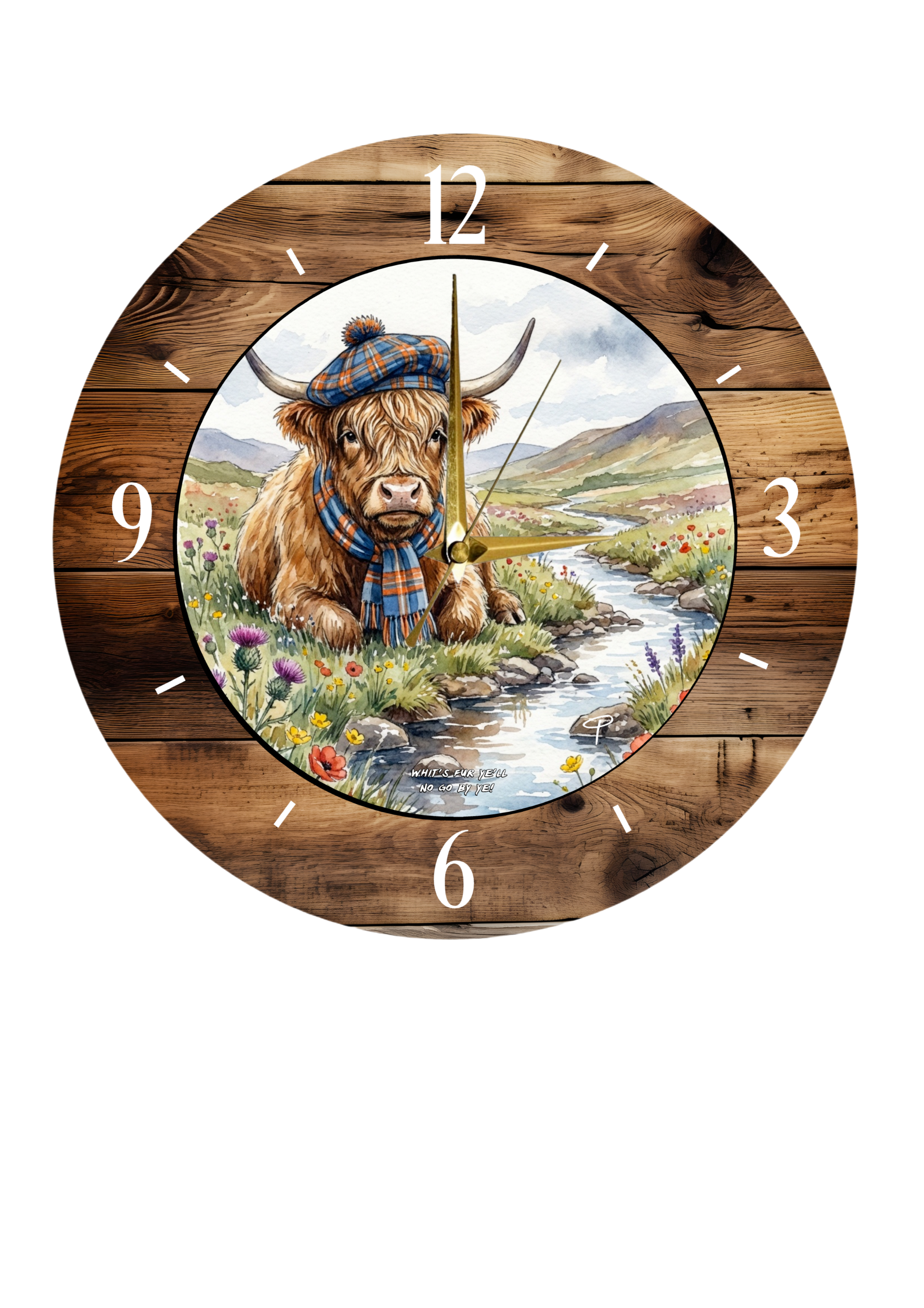 Highland cow clock- 'Whits fur ye'll no go by ye'