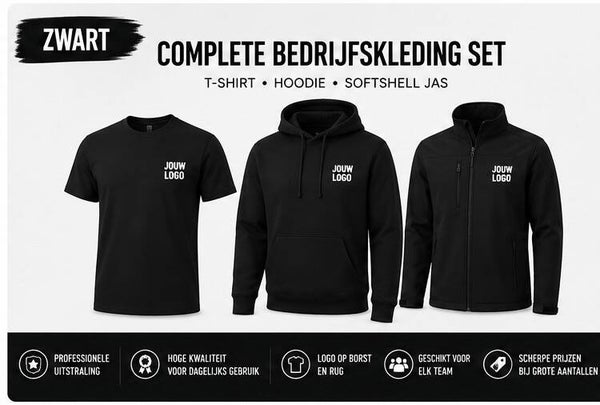 compleet bedrijskleding set met T-shirt hoodie en shoftshell jas.