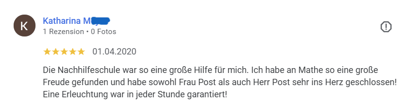 5-Sterne-Rezension von Katharina M.  Die Nachhilfeschule war so eine große Hilfe für mich...