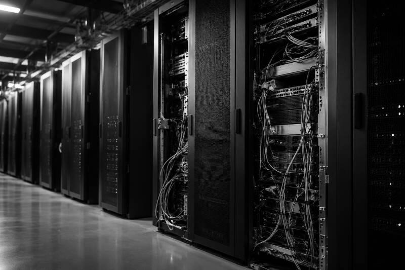 Zwart-witte serverruimte met geopende serverkasten, zichtbare bekabeling en netwerkapparatuur.