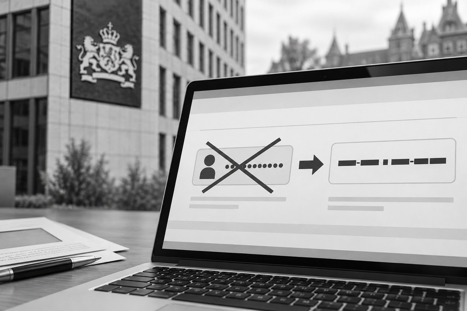 Laptop toont dat een persoonlijke identificatie bij betalingen wordt vervangen door een anoniem betalingskenmerk