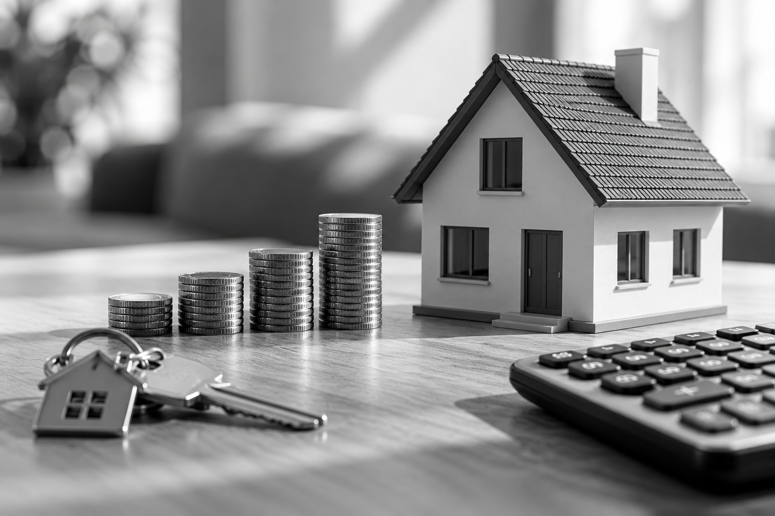 Miniatuurwoning naast oplopende stapels munten, met huissleutels en een rekenmachine op de voorgrond.