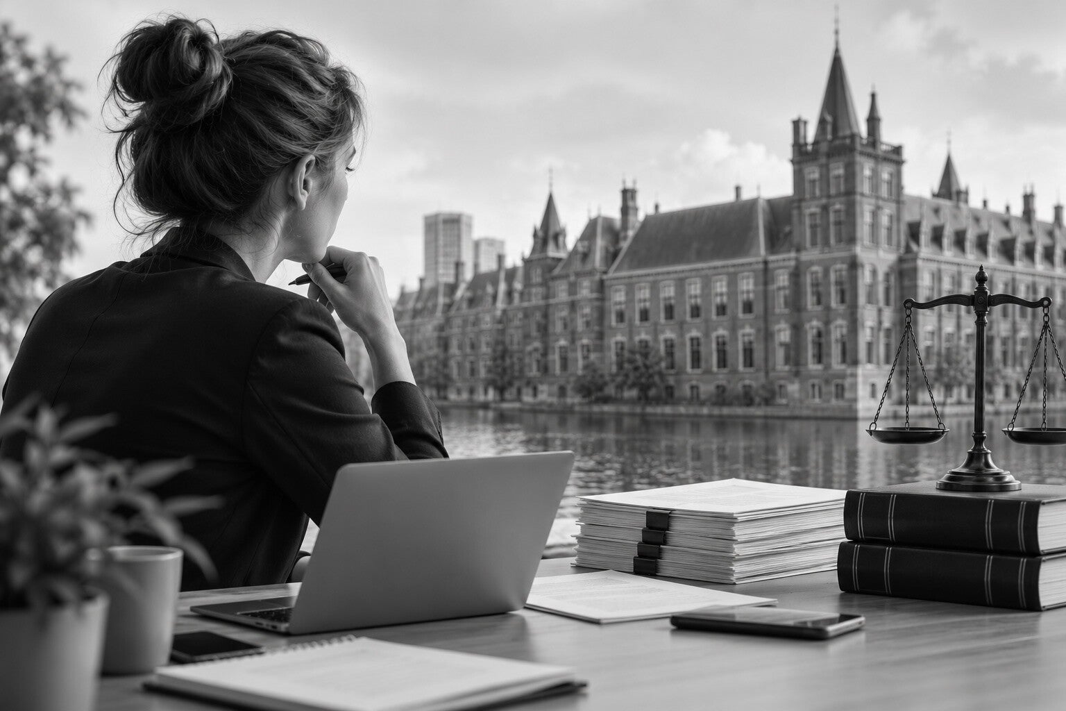 Zelfstandige werkt aan een bureau met documenten en een weegschaal voor een overheidsgebouw