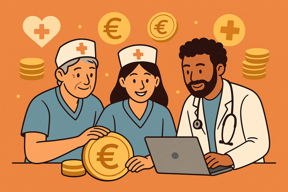 Drie vriendelijke zzp-zorgverleners omringd door eurotekens en zorgsymbolen, die samen economische meerwaarde in de zorg uitbeelden