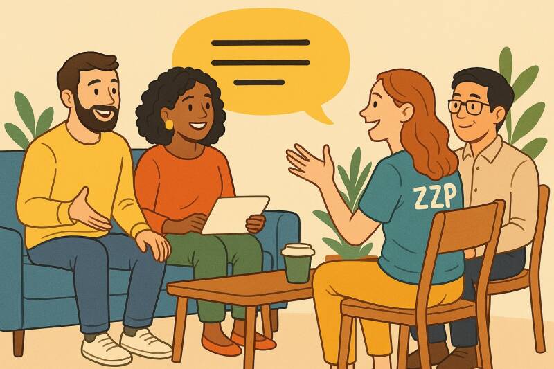 Vier zzp’ers in gesprek in een informele setting, symbool voor het delen van eerlijke verhalen op een nieuw platform