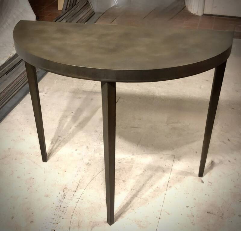 Custom patina table top with tapered legs demilune 