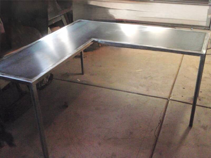 'L' shaped desk with steel frame and steel top