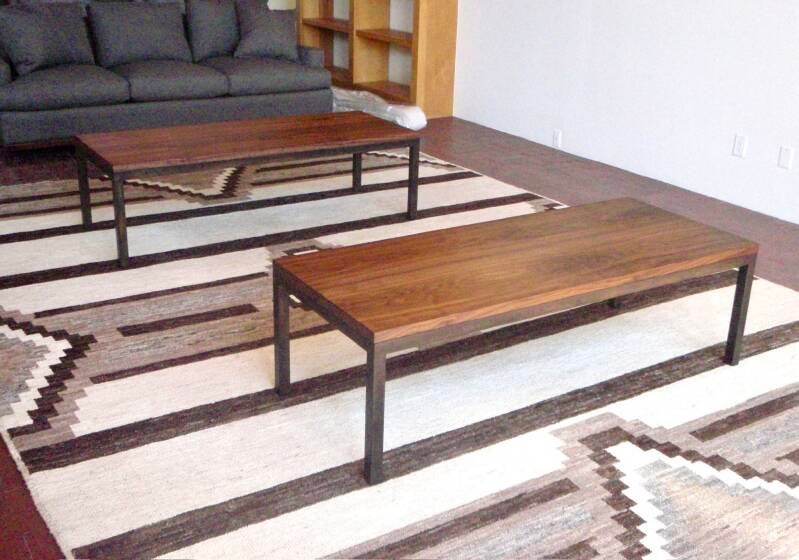 Custom coffee tables with Walnut top and blackened steel frames
