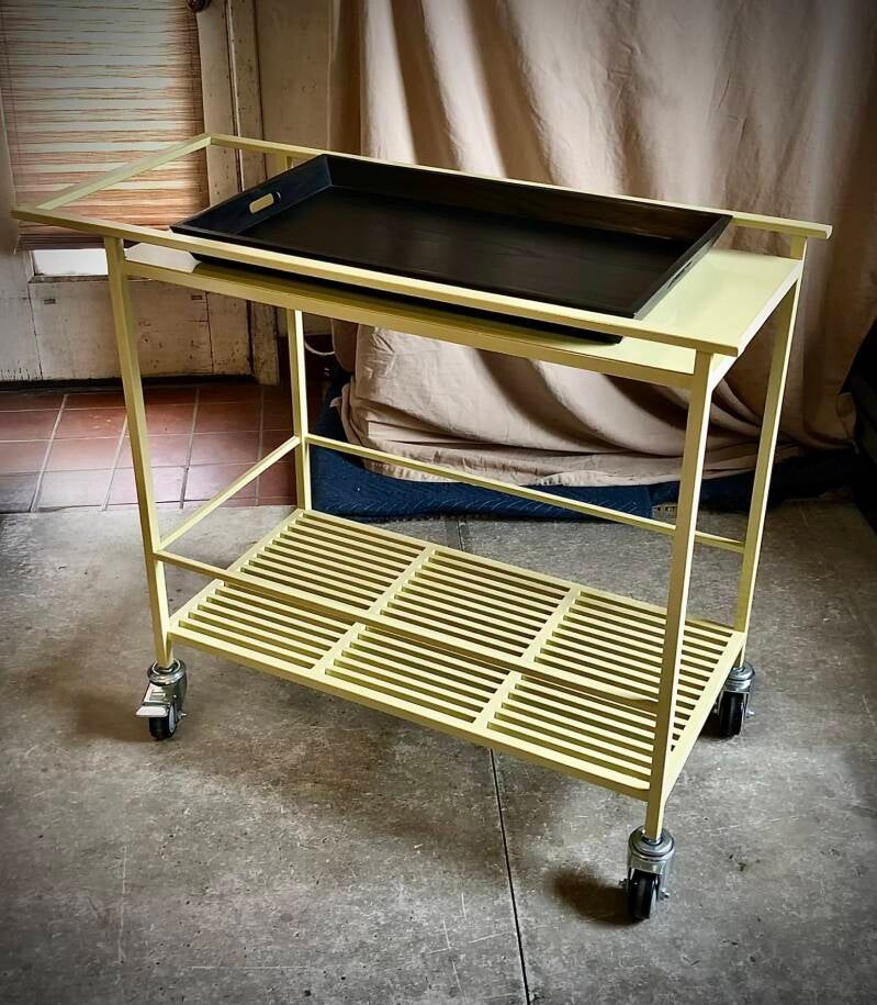Powder coated service cart with custom made hardwood tray