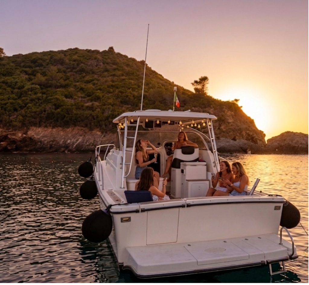 aperitivo in barca al tramonto Porto Ercole Argentario con gruppo di amici