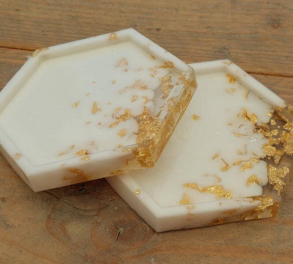 Zeshoekige onderzetters wit/goudvlokken