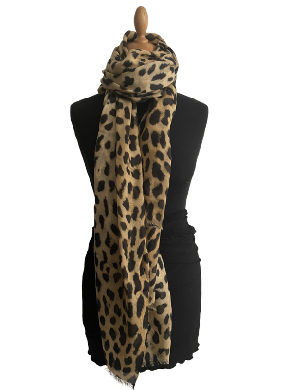 HIGHFIELD SHAWL DESSIN “LEOPARD” WOL 90CM X 190CM – WARME ZAND TINTEN/ZWART Code:208