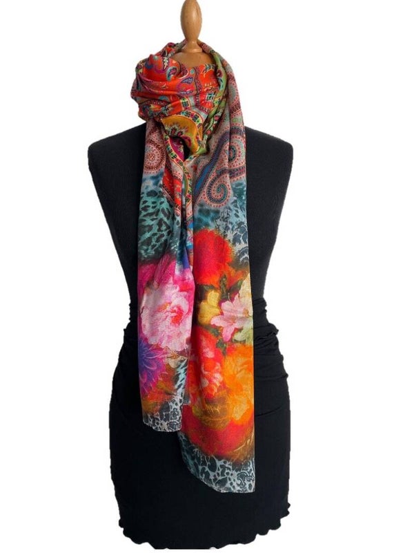 HIGHFIELD SHAWL DESSIN “FLOWER-ANIMAL” ZIJDE 70CM X 180CM – MULTICOLOUR