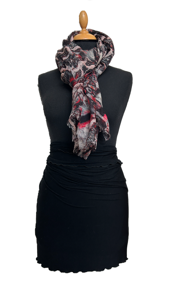 HIGHFIELD SHAWL DESSIN “MARBLE” WOL,  90CM X 190CM, KLEUR ZWART/ROSE/GRIJS/ROOD Code:267