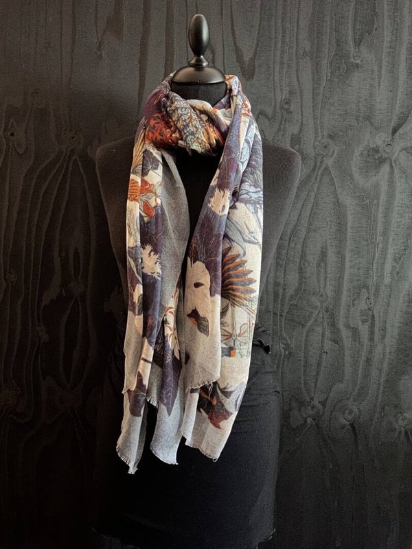 HIGHFIELD SHAWL 100% KATOEN , 100CM X 180CM, KLEUR BLUE SHADES, BIRDS/FLOWER