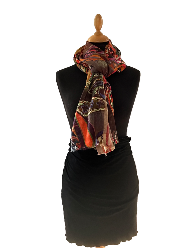 HIGHFIELD SHAWL DESSIN “FANCY PAISLEY” 92%  WOL 8% KATOEN, GEWEVEN RAND, 70CM X 180CM. KLEUR MULTICOLOR Code:373