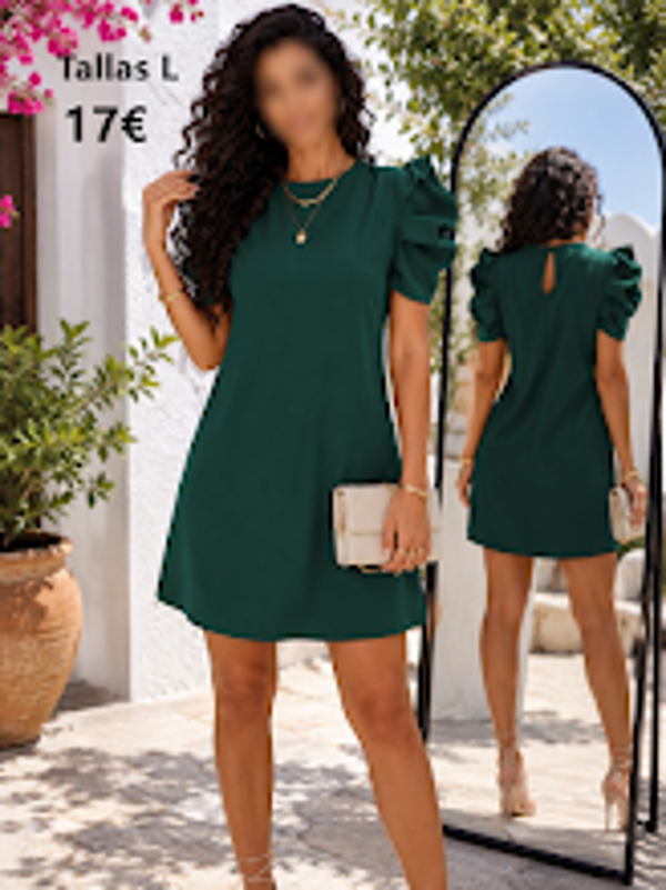 Vestido Midi Liso con Mangas Fruncidas