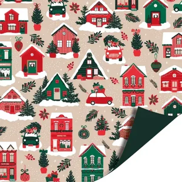 Cadeaupapier - Winterhuisjes rood/groen