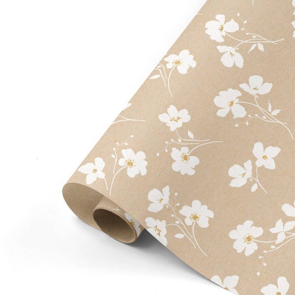 Cadeaupapier - Bloemen kraft wit
