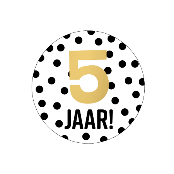 5 Stickers rond - 5 jaar! / zwarte stip