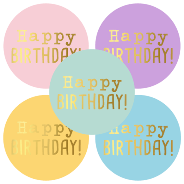 5 Stickers rond - Happy birthday div. kleuren