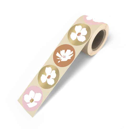 5 Stickers rond - Bloemen roze/goud