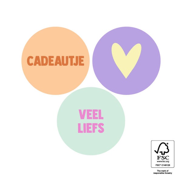 5 Stickers rond - Cadeautje/Veel liefs/Hart pastel
