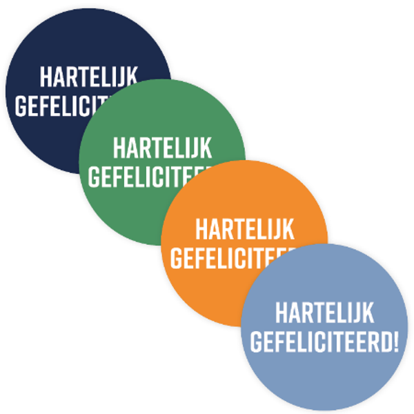 5 Stickers rond - Hartelijk gefeliciteerd! - Div. kleuren