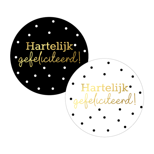 5 Stickers rond - Hartelijk gefeliciteerd! stip z/w