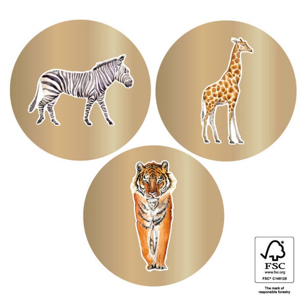 5 Stickers rond - Jungledieren goud