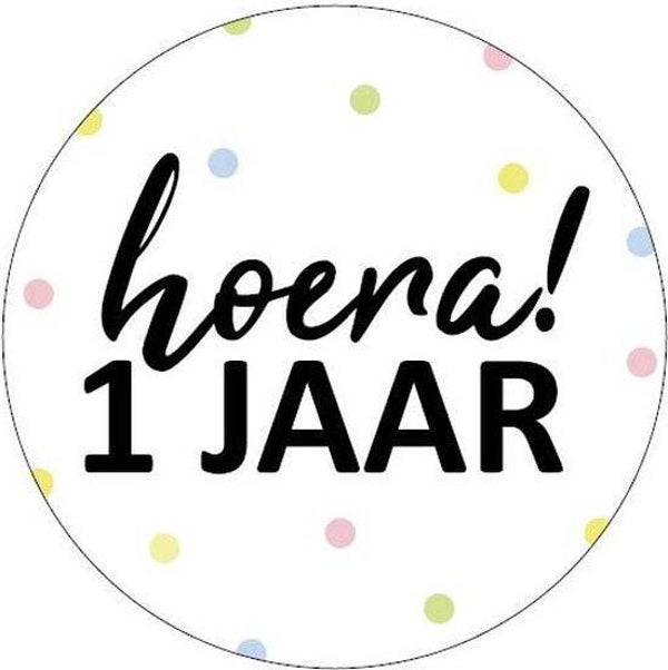 5 Stickers rond - Hoera! 1 jaar / pastel