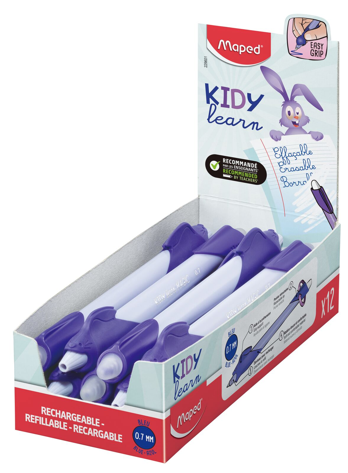 12 stylos effaçables rechargeables Kidy Learn Magic (mauve)