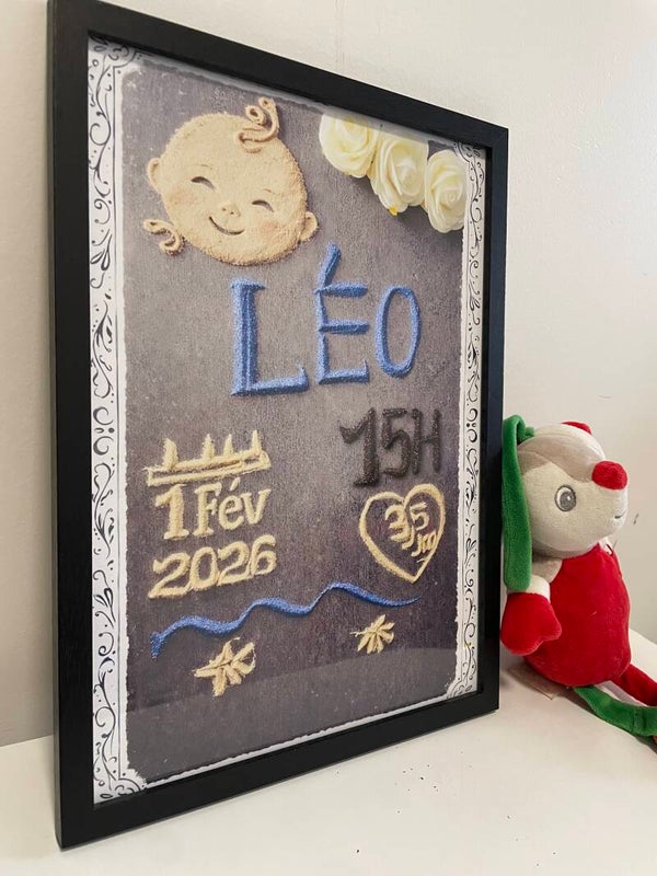 Cadre écriture en sable cadeau naissance « Léo »