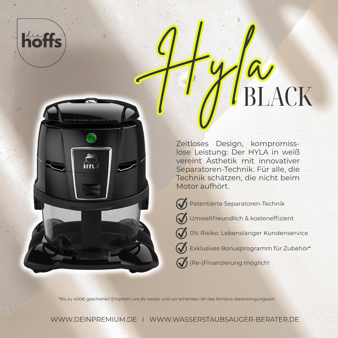 HYLA Black Edition in edlem Schwarz mit Ventus Elektrobürste: Premium Luft- und Wasserstaubsauger mit patentierter Separatoren-Technik von den Experten Die Hoffs aus Hermeskeil – Service für RLP und das Saarland (+80km)