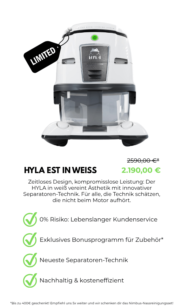HYLA EST weiß Sonderedition mit Ventus Elektrobürste: Luft- und Wasserstaubsauger mit patentierter Separatoren-Technik präsentiert von den Experten Die Hoffs aus Hermeskeil – dein Partner für RLP und das Saarland (+80km)