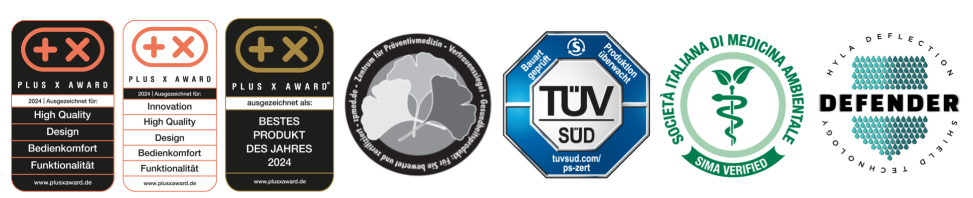 Verschiedene Auszeichungen des HYLA. Auch international! Darunter PLUS X AWARD als "Bestes Produkt des Jahres 2024" und ebenfalls ausgezeichnet in den Kategorien Innovation, High Quality, Design, Bedienkomfort und Funktionalität u.v.m.