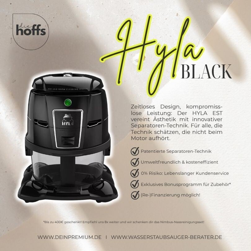 HYLA Black Edition in edlem Schwarz mit Ventus Elektrobürste: Premium Luft- und Wasserstaubsauger mit patentierter Separatoren-Technik von den Experten Die Hoffs aus Hermeskeil – Service für RLP und das Saarland (+80km)