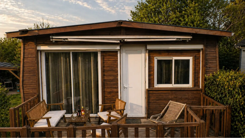 exterior of a cottage for 4 people in Sologne with wooden terrace and outdoor seating area France