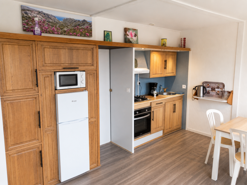Cuisine équipée et fonctionnelle avec four, plaque de cuisson, réfrigérateur, cafetière et espace de préparation.