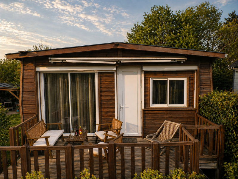 Terrasse en bois du gîte Le Petit Marais en Sologne à Nouan-le-Fuzelier, proche Lamotte-Beuvron, ambiance chaleureuse en fin de journée