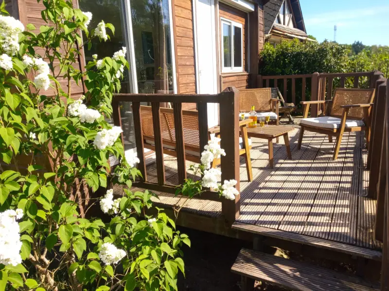 Terrasse privative fleurie et ensoleillée, un véritable coin de détente au cœur de la Sologne.