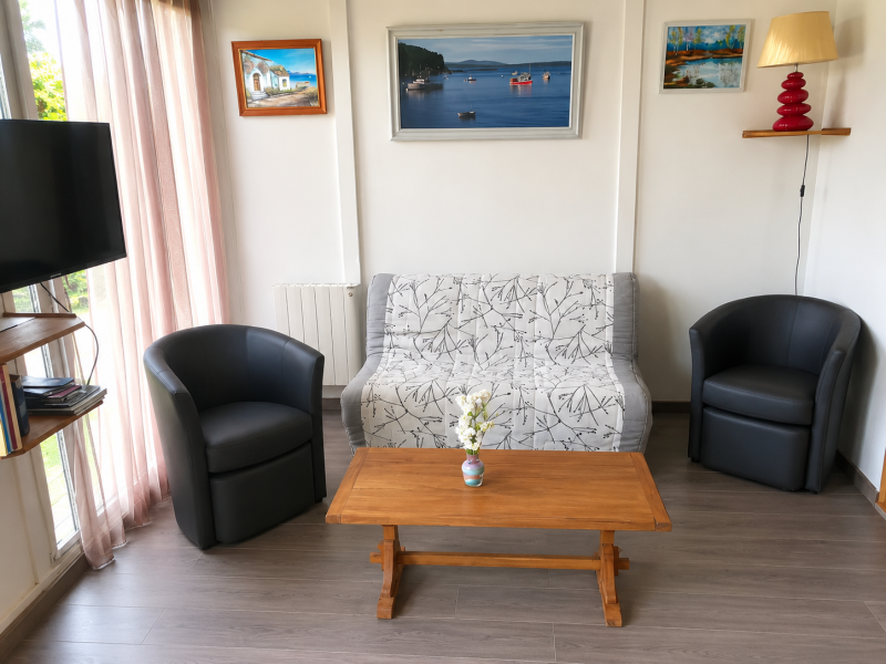 Salon lumineux et confortable avec télévision, canapé et fauteuils, parfait pour se détendre après une journée au Parc Équestre Fédéral, à Center Parcs ou dans les châteaux de la Loire.