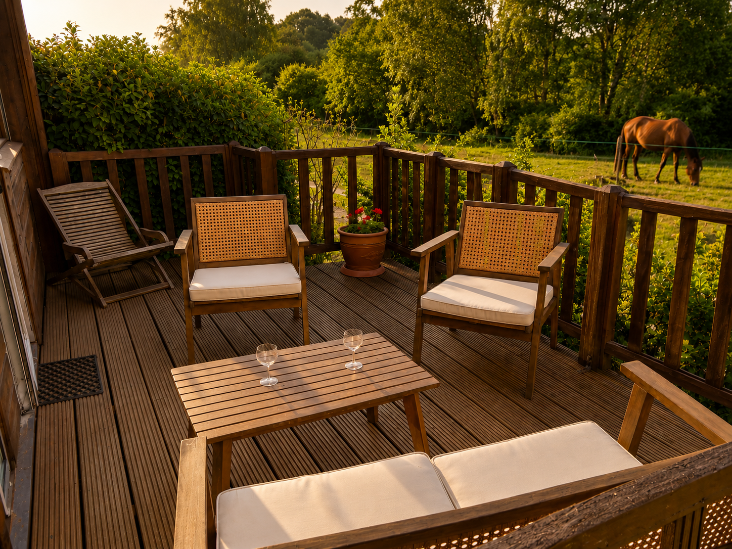 Gîte 4 personnes en Sologne avec terrasse exposée à l'ouest et cheval dans le pré voisin