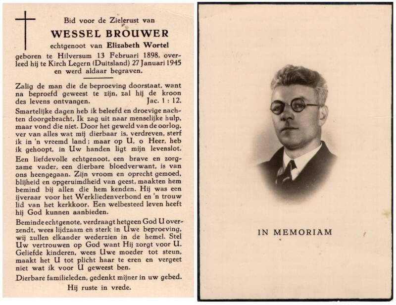 Bidprent van Wessel Brouwer, overleden te Kirchlegern op 27 januari 1945. Collectie Hilversum in de Oorlog.