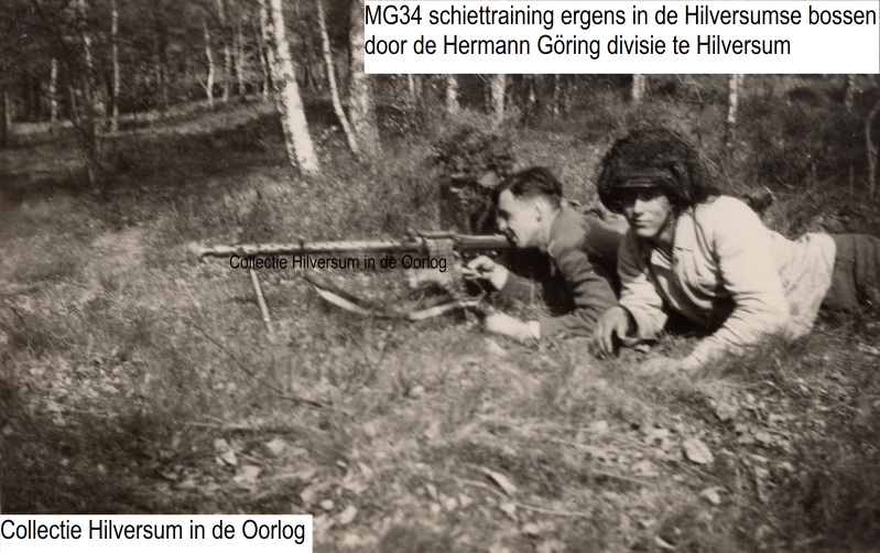 MG34 schiettraining ergens in de Hilversumse bossen door de Hermann Göring divisie te Hilversum. Collectie Hilversum in de Oorlog.