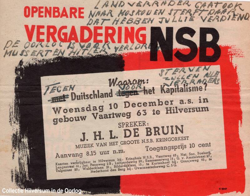 Flyer over een NSB-vergadering in Hilversum, met toevoegingen van een tegenstander. Collectie Hilversum in de Oorlog