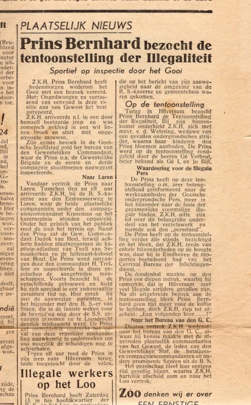 Krantenartikel uit Gooische Klanken over het bezoek van prins Bernhard aan de tentoonstelling. Collectie Hilversum in de Oorlog