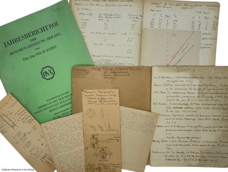 Enkele van de in 2018 aangetroffen documenten. Het betreft hier voornamelijk aantekeningen en berekeningen van Franz Sigmund Eisner. Collectie Hilversum in de Oorlog