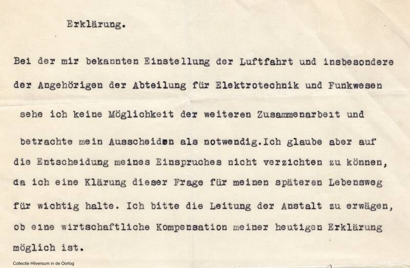 Verklaring van Franz Sigmund Eisner waarin hij aangeeft zich niet te kunnen verenigen met de houding van de luchtvaartindustrie, 1933. Collectie Hilversum in de Oorlog